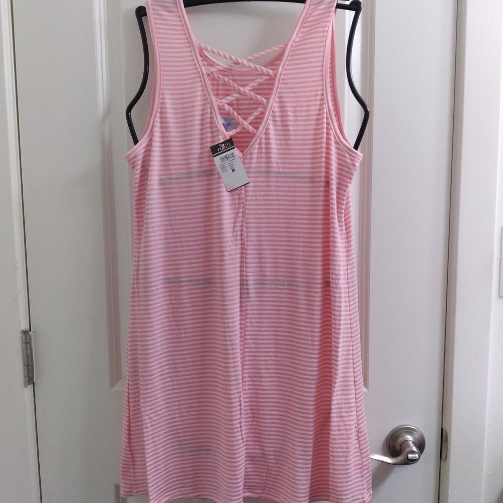 Medium Light Pink and White Striped Crisscross Sleeveless Swing Dress NWT